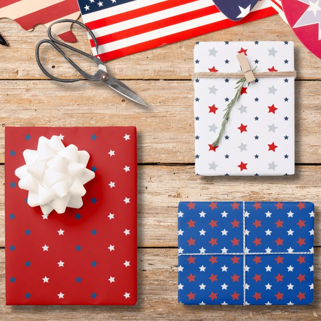 4th of July Patriotic Red White & Blue Stars Wrapping Paper Sheet (Creator Uploaded)