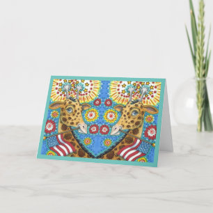 4TH OF JULY PATRIOTIC TWIN GIRAFFES, FIREWORKS Fun Holiday Card