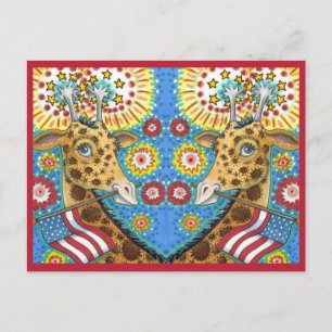 4TH OF JULY PATRIOTIC TWIN GIRAFFES, FIREWORKS Fun Holiday Postcard