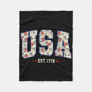 4th Of July Patriotic Us Flag Floral Usa Est 1776 Fleece Blanket