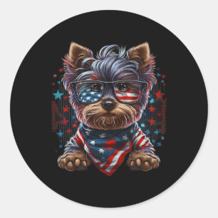 4th Of July Patriotic Yorkie Dog Us Flag Classic Round Sticker