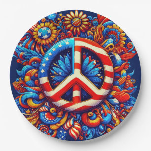 4th of July-Peace Sign-Independence Day-Groovy- Paper Plate