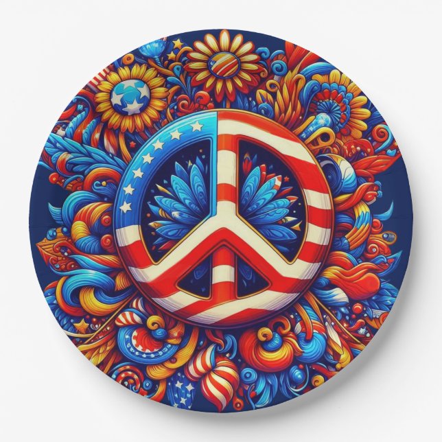 4th of July-Peace Sign-Independence Day-Groovy- Paper Plate (Front)