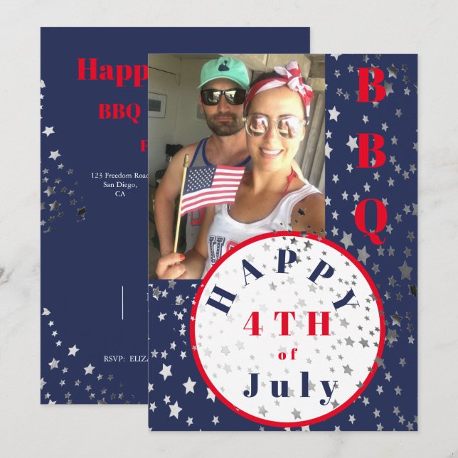4th of July Photo Red White Blue Stars BBQ Invitation (Front/Back)