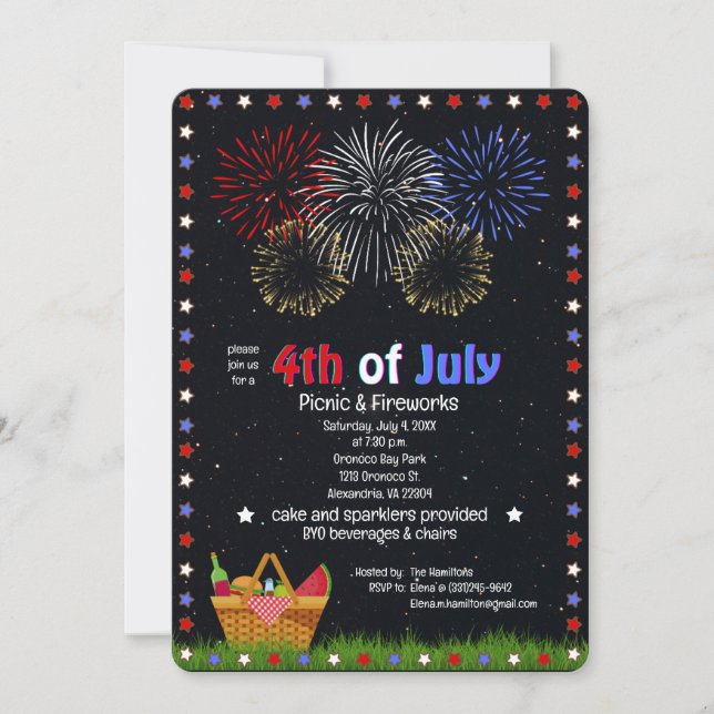 4th of July picnic under fireworks night sky Invitation (Front)