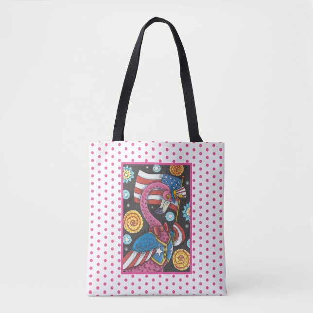 4TH OF JULY PINK FLAMINGO, BIRD TOTE BAG Med. (Front)