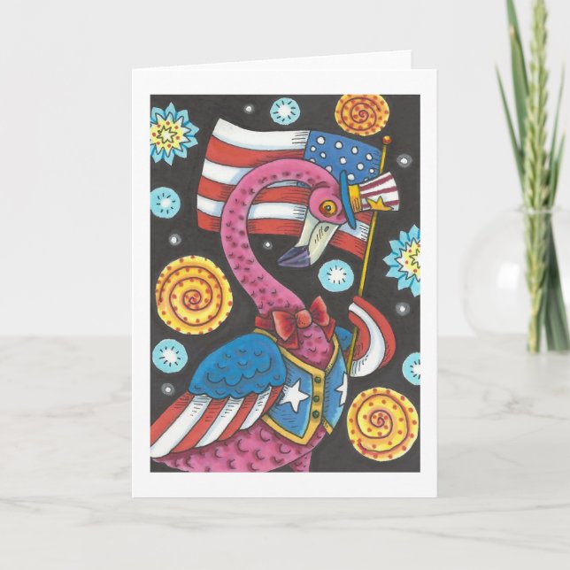 4TH OF JULY PINK FLAMINGO GREETING CARD Blank (Front)