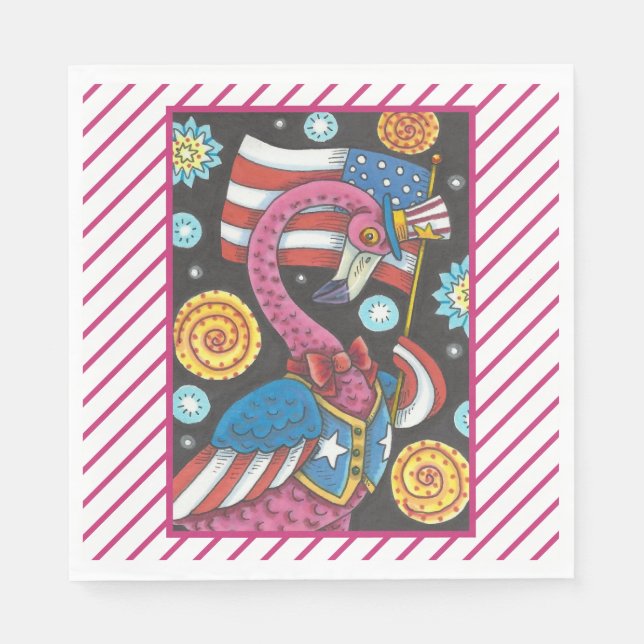 4TH OF JULY PINK FLAMINGO, PATRIOTIC PAPER NAPKINS (Front)