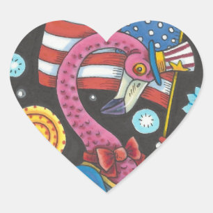 4TH OF JULY PINK FLAMINGO STICKERS Heart * Sheet
