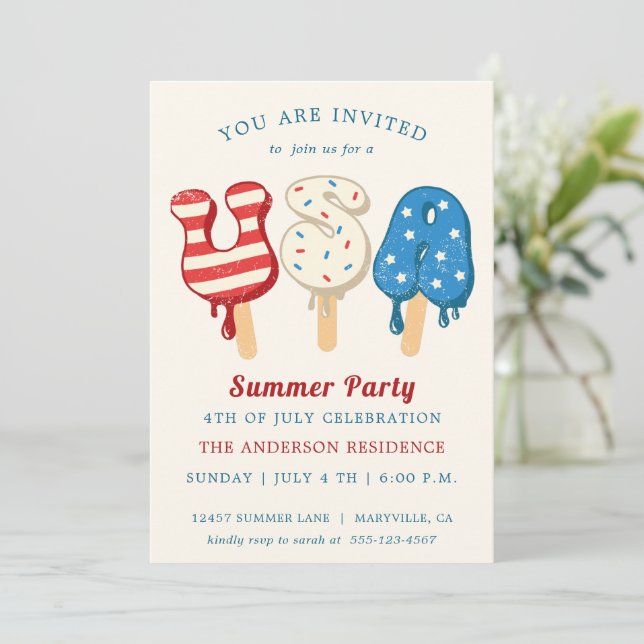 4th of July Pool And Ice Cream Party Invitation (Standing Front)