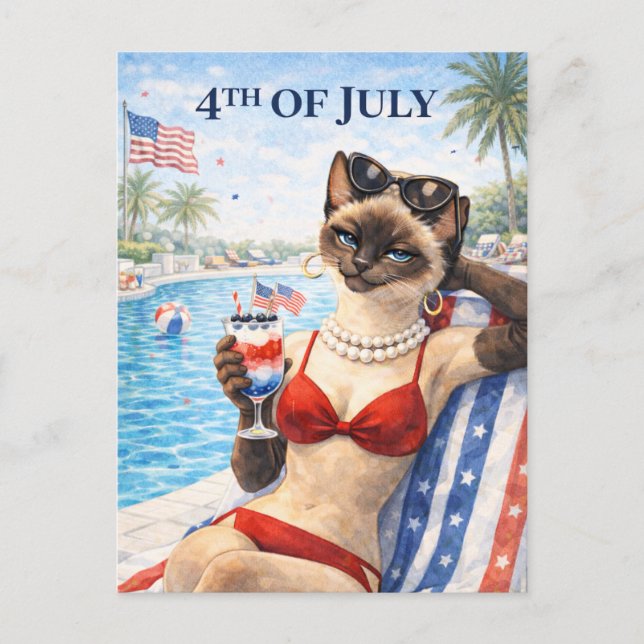 4th of July Pool Diva Cat Postcard (Front)