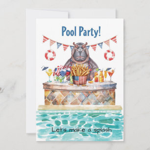 4th of July Pool Party with Hippo Invitation
