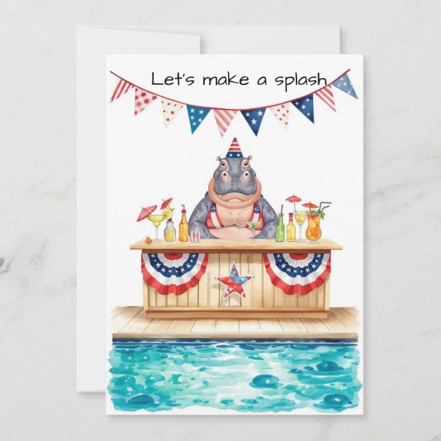 4th of July Pool Party with Hippo  Invitation (Front)