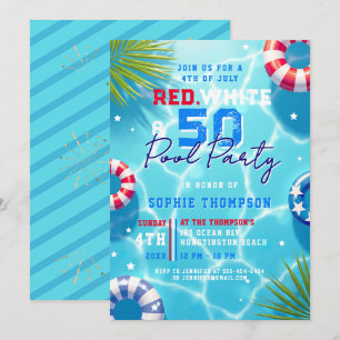4th of July Pool Party Woman Modern 50th Birthday Invitation