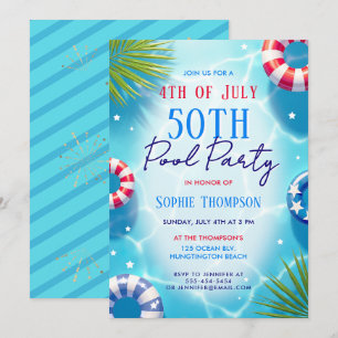 4th of July Pool Party Woman Trendy 50th Birthday Invitation