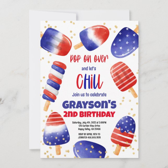 4th of July Popsicles Pool Party Pop on Over Kid Invitation (Front)