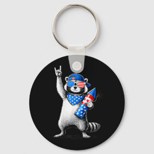 4th Of July Racoon Fireworks Usa Flag Men Women Key Ring