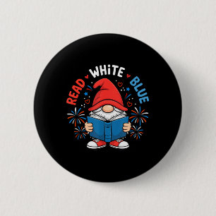 4th of July Read White Blue Gnome Reading Book 6 Cm Round Badge