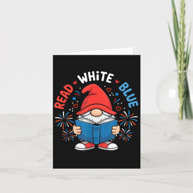 4th of July Read White Blue Gnome Reading Book Card (Front)