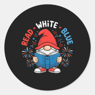 4th of July Read White Blue Gnome Reading Book Classic Round Sticker