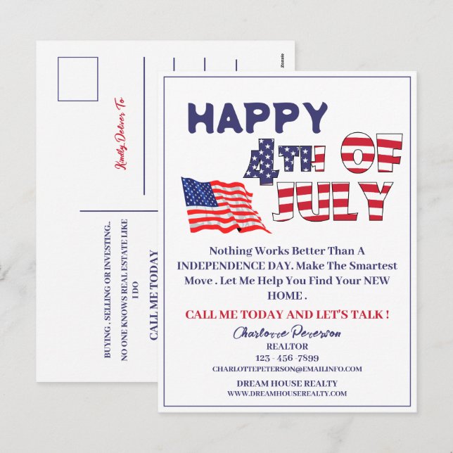 4th Of July Real Estate Realtor Holiday Postcard (Front/Back)