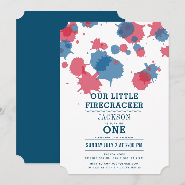 4th of July Red & Blue Splatters 1st Birthday Invitation (Front/Back)