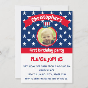 4th of July   Red White and Blue   1st Birthday  Invitation