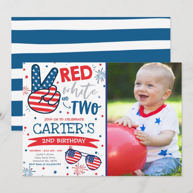 4th Of July Red White And Blue 2nd Birthday Invitation (Front/Back)