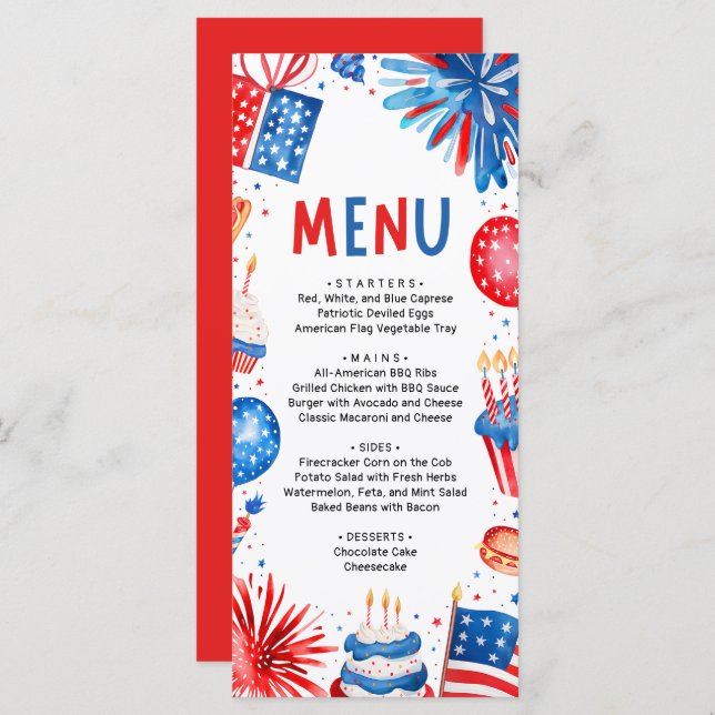 4th of July Red, White and Blue Patriotic Birthday Menu (Front/Back)