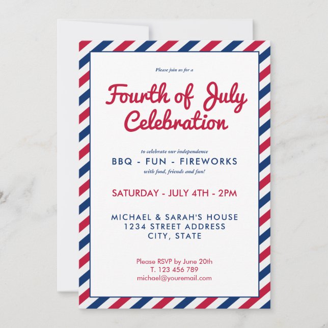 4th of July Red White and Blue Stripes Invitation (Front)