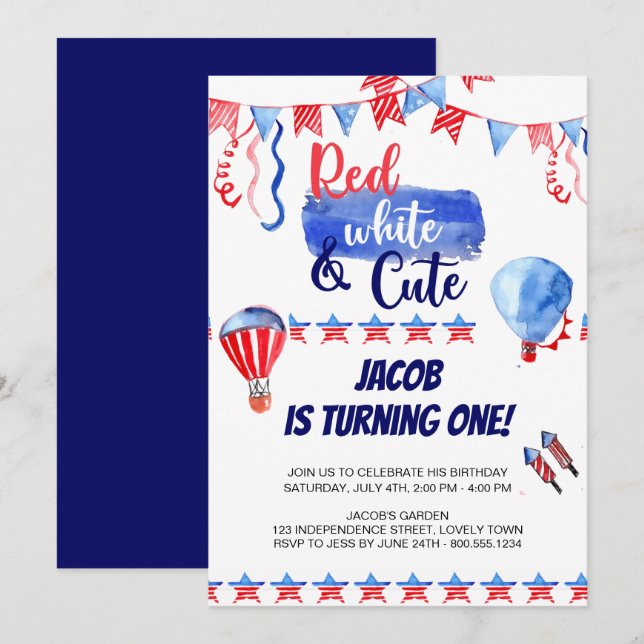 4th of July Red White and Cute Birthday Invitation (Front/Back)