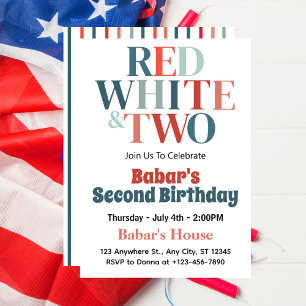 4th Of July Red White and Two Boy 2nd Birthday  Invitation