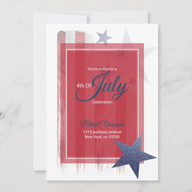 4th of July, red, white, blue Announcement Card. (Front)