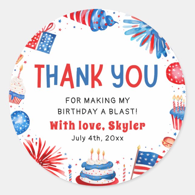 4th of July Red White Blue Birthday Thank You Classic Round Sticker (Front)