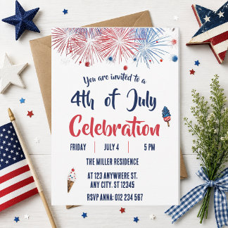 4th of July Red White Blue Fireworks Party Invitation