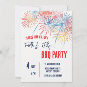 4th of July Red White Blue Fireworks Party  Invitation