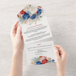 4th of July Red White & Blue Floral Wedding All In One Invitation