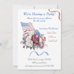 4th of July Red White Blue Florals Flag Invitation