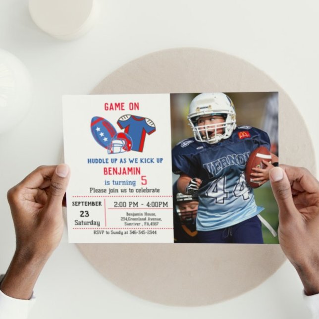 4th of july red white  blue football boy birthday invitation (Creator Uploaded)