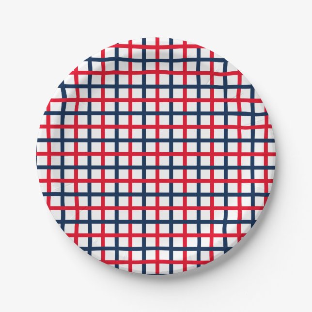 4th of July red white blue patriotic squared grid Paper Plate (Front)