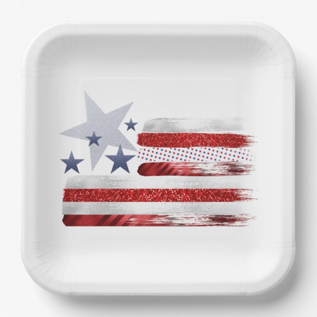 4th of July, red, white, blue square paper plate. Plate (Front)