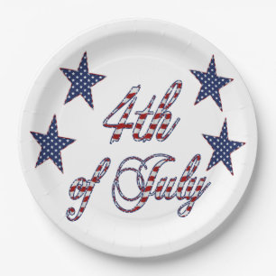 4th of July Red White Blue Text Stars and Stripes Paper Plate