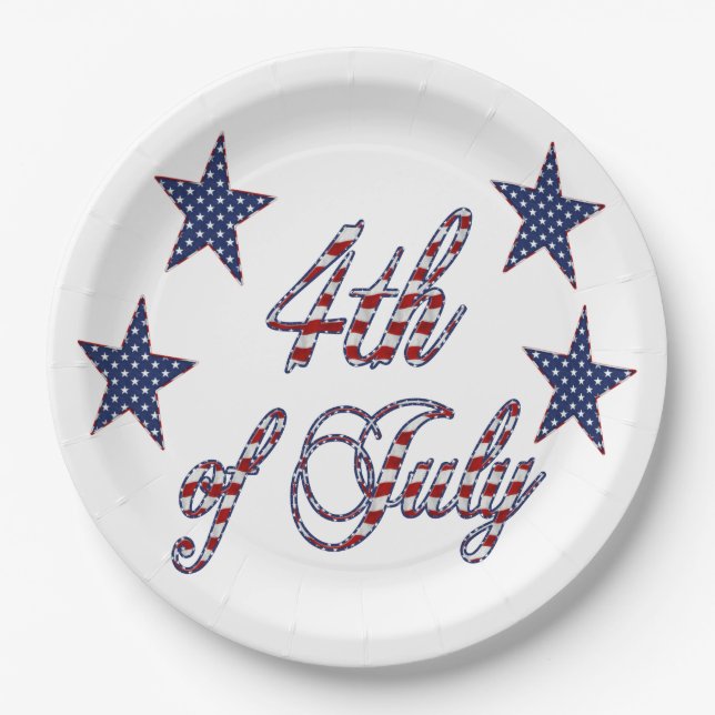 4th of July Red White Blue Text Stars and Stripes Paper Plate (Front)