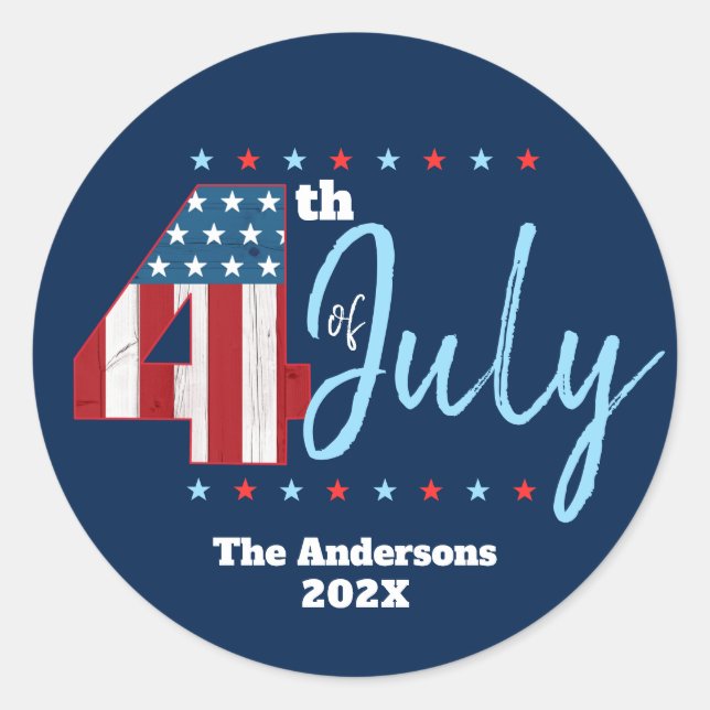 4th of July Red White Blue USA Flag Modern Navy Classic Round Sticker (Front)
