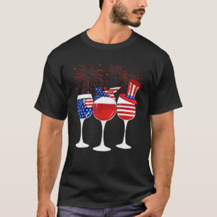 4th Of July Red White Blue Wine Glasses Fireworks T-Shirt