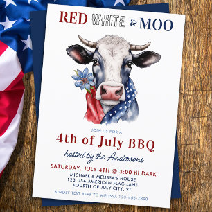 4th Of July Red White Moo Patriotic Farm Cow Party Invitation