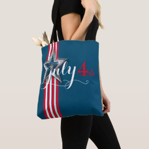 4th of July Red & White Stripes & Star Tote Bag