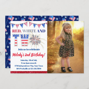 4th of July  Red White & TWO Firecracker Birthday Invitation