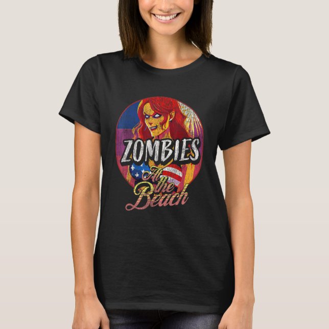 4th of July Retro Undead Horror  Zombies at the Be T-Shirt (Front)