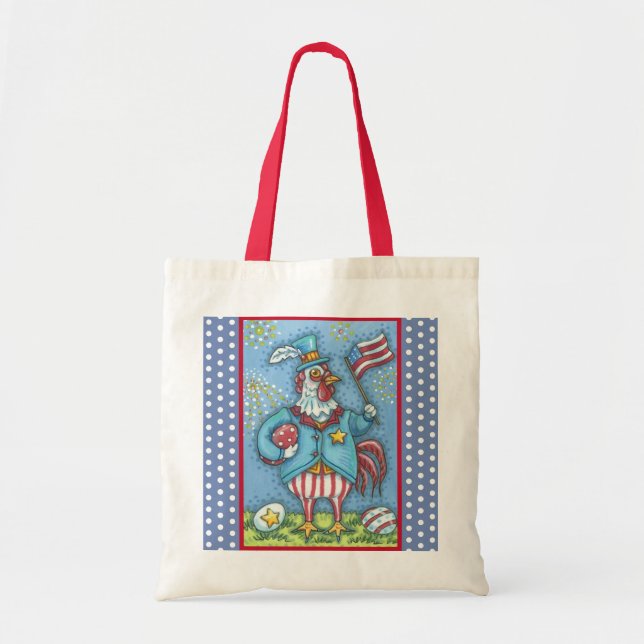 4TH OF JULY ROOSTER, CHICKEN GROCERY TOTE BAG (Front)